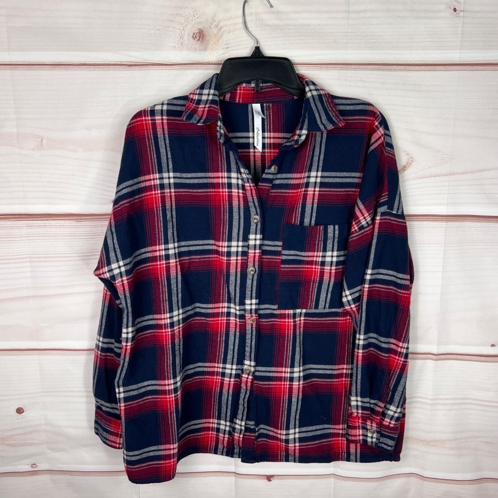 NY Collection Top‎ Womens M Blue Red Plaid Shirt Button Up Flannel Cotton Collar
